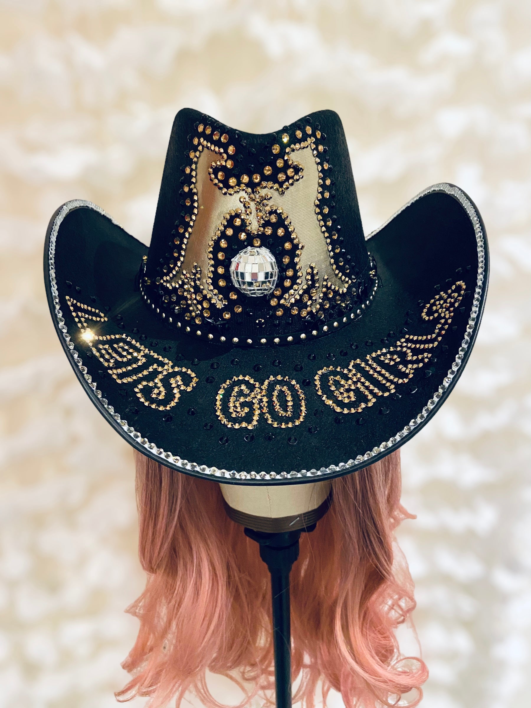 Custom Cowboy Hat Black horses with glitter ball and text 'Lets go girls'
