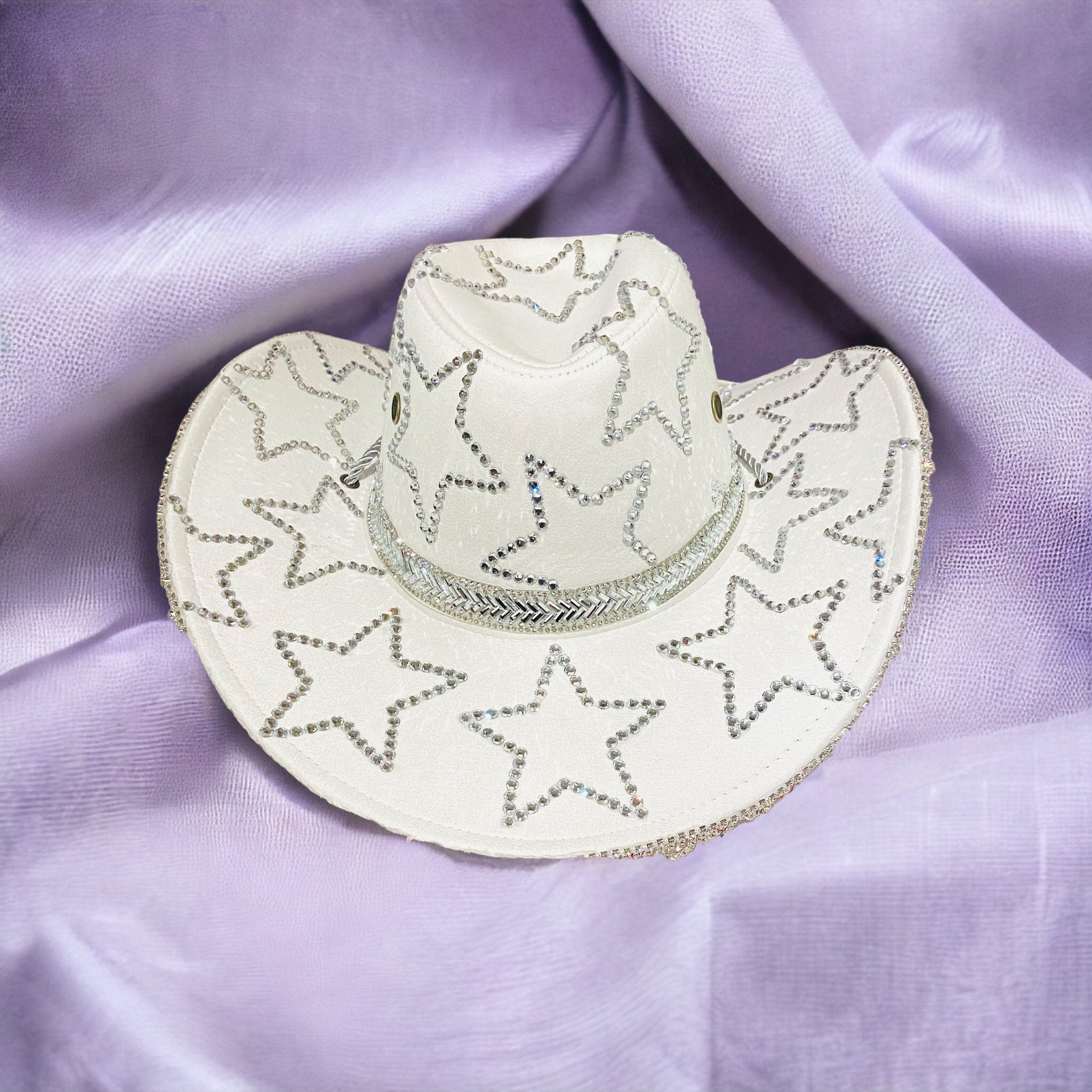 Custom White Cowboy Hat with Silver Stars covering
