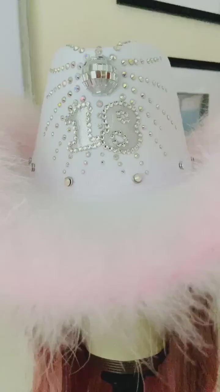 Custom Birthday Cowboy Hat, Cowgirl Hat Glitterball Party Fluffy Hat