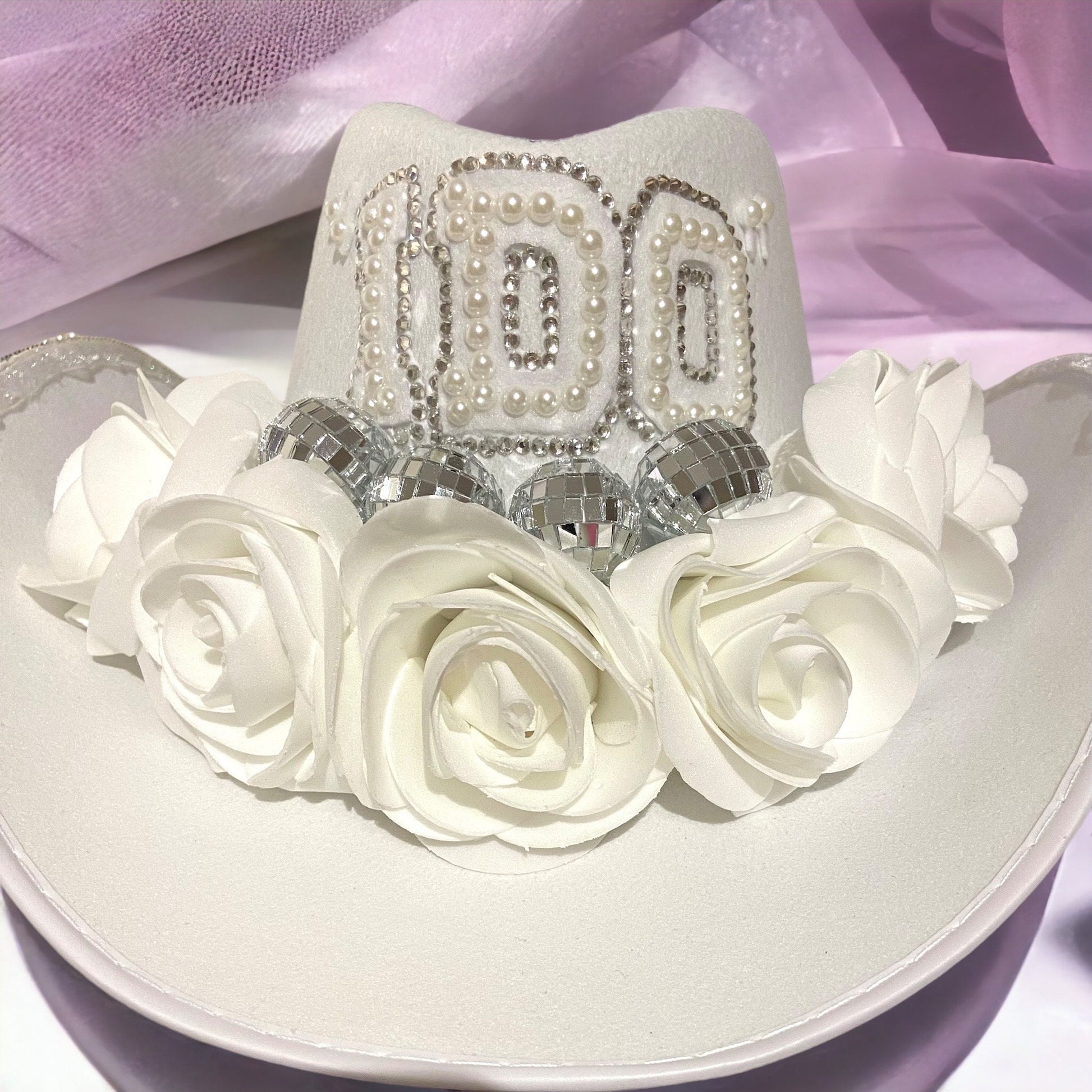 White Custom Bridal Cowboy Cowgirl Hat- Rhinestones, Hen night, Brides Hat