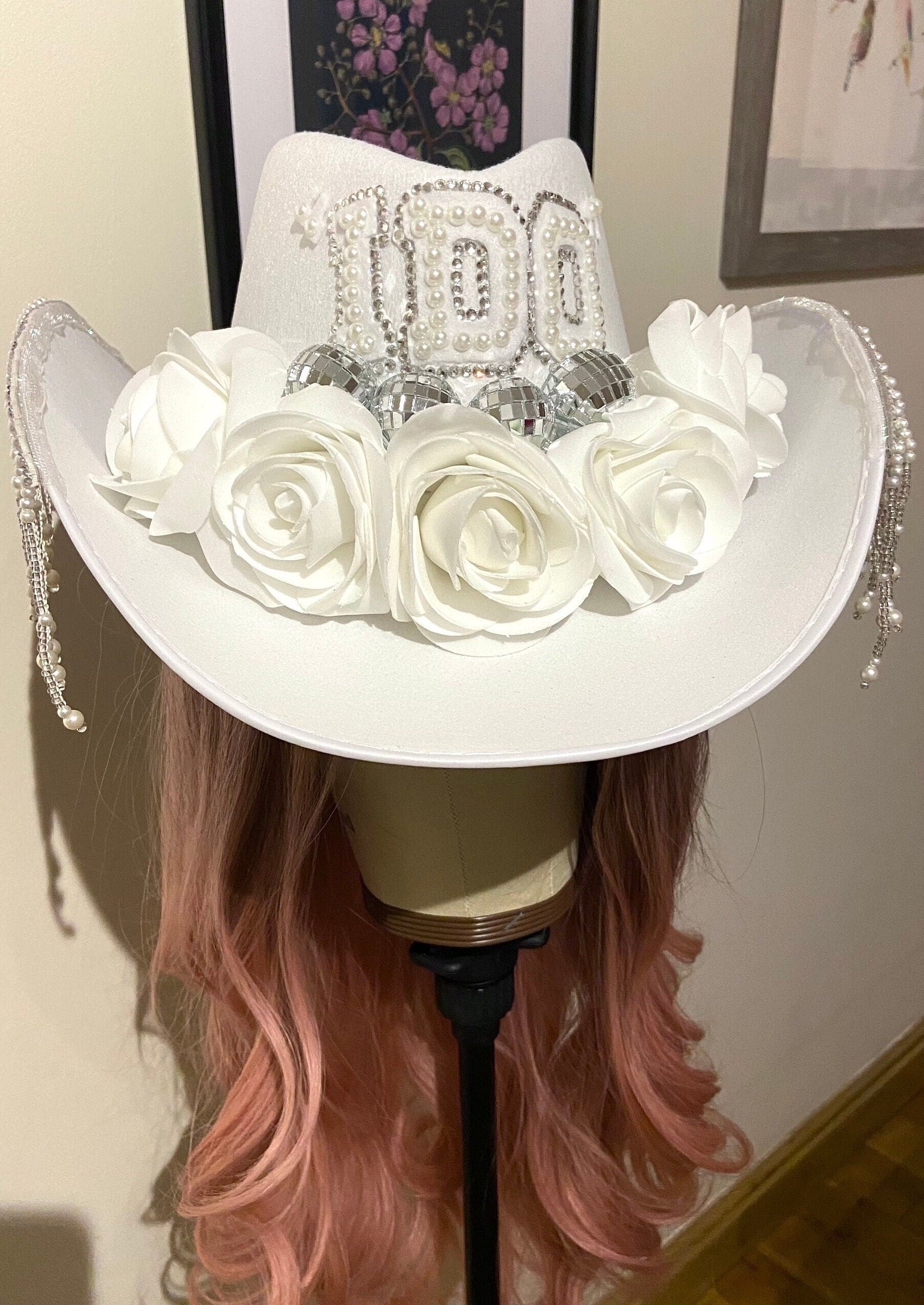 White Custom Bridal Cowboy Cowgirl Hat- Rhinestones, Hen night, Brides Hat