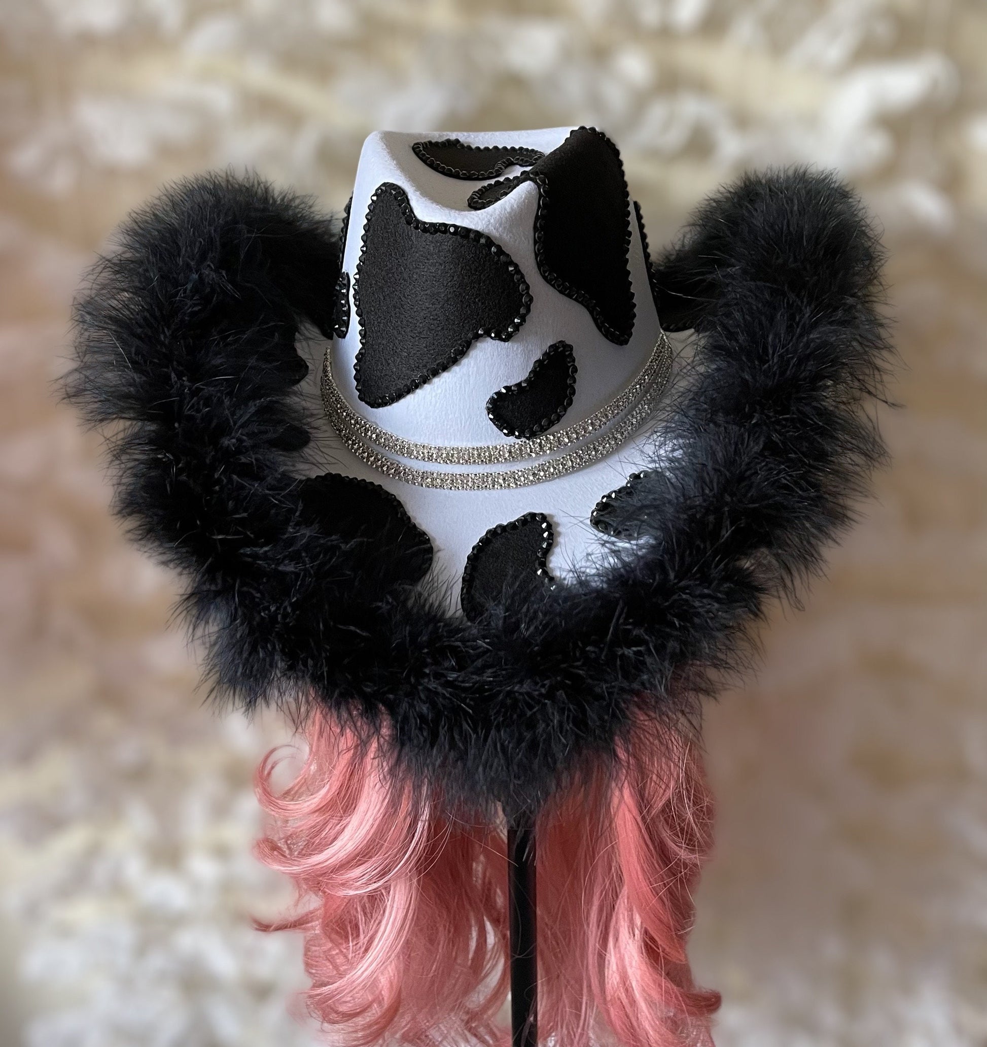 Black Custom Cowprint Cowboy Cowgirl Hat- Rhinestones, Party, Festival Hat