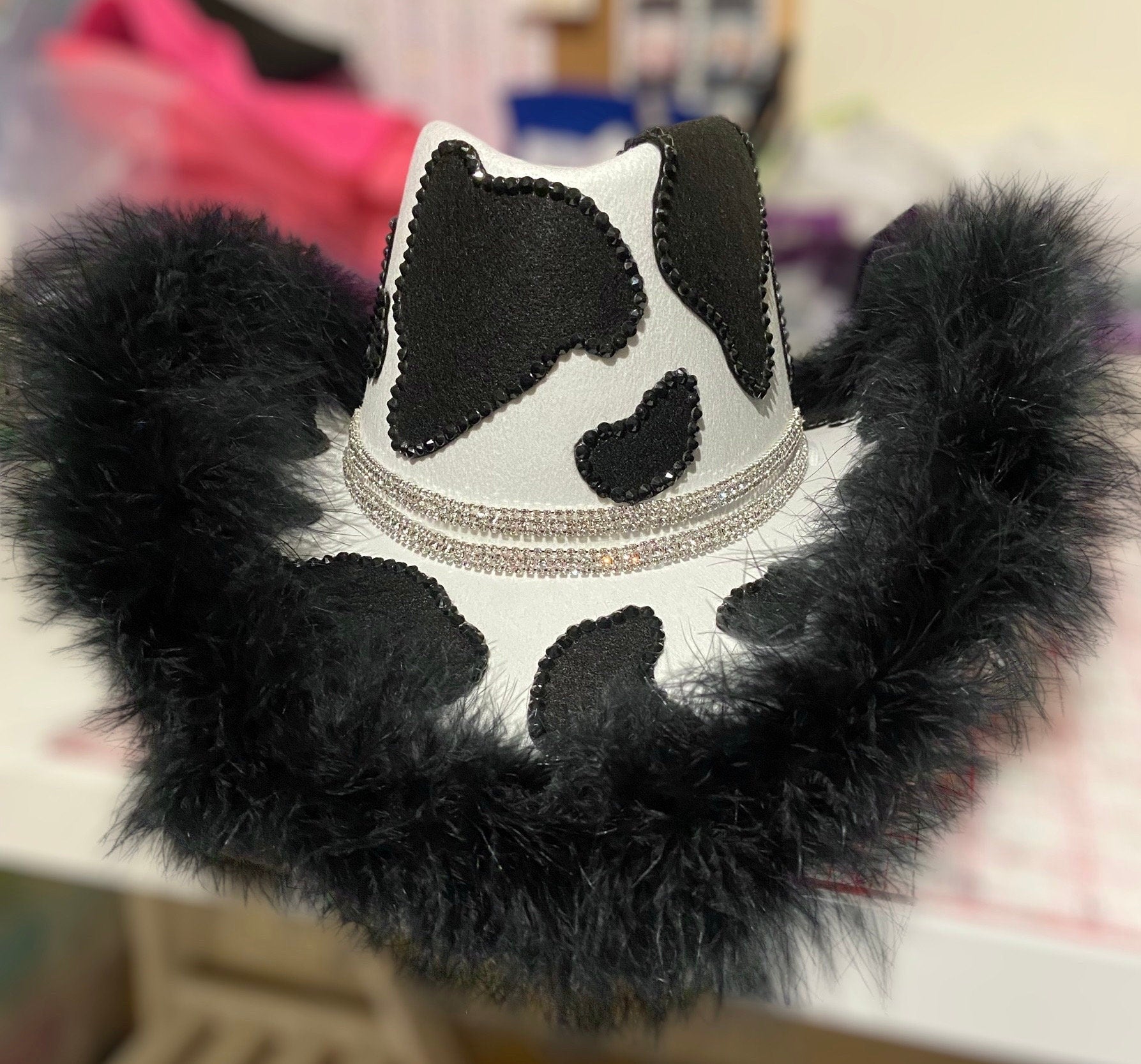Black Custom Cowprint Cowboy Cowgirl Hat- Rhinestones, Party, Festival Hat