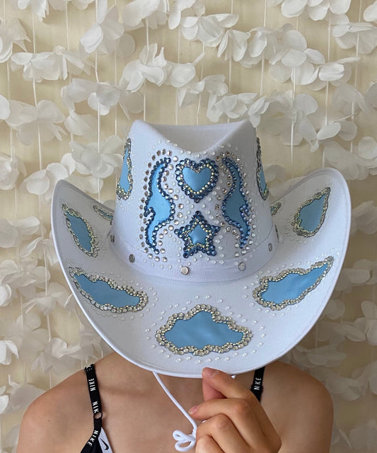 White Custom Cowboy Cowgirl Hat- Rhinestones, Party, Festival Hat